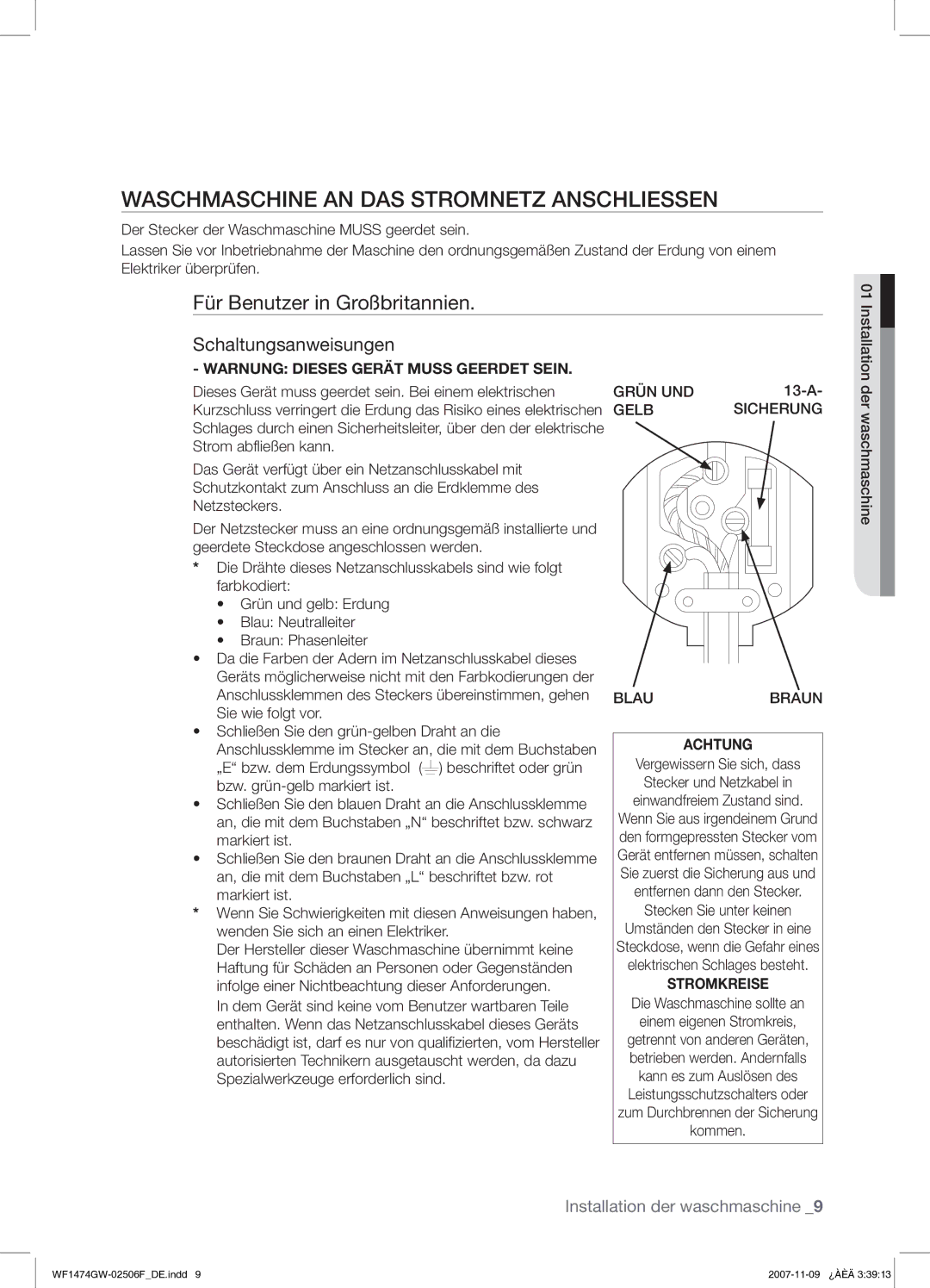 Samsung WF1474GW/XEG manual Waschmaschine AN DAS Stromnetz Anschliessen, 13-A 