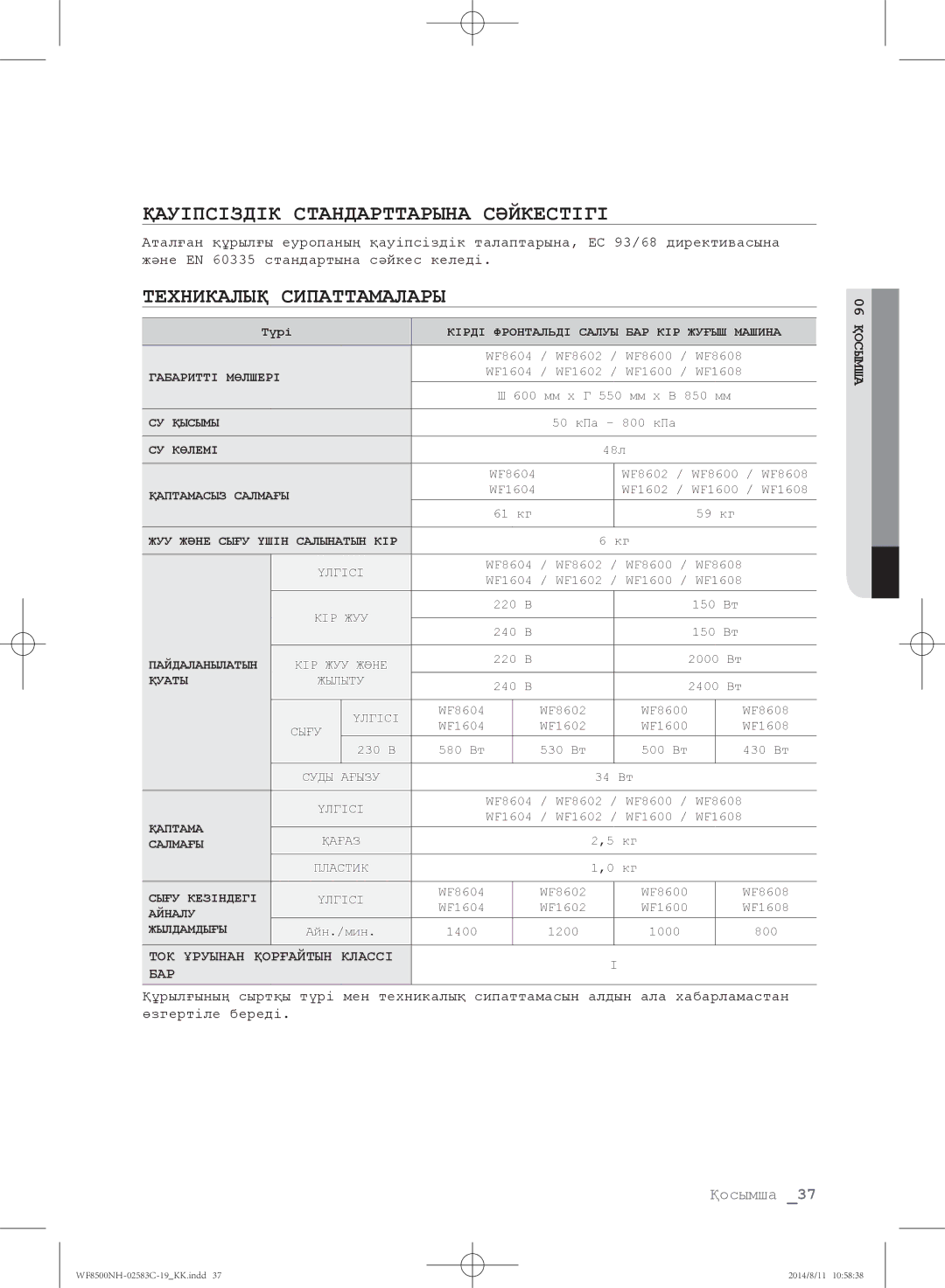 Samsung WF8500NMW/YLP, WF1500NHW/YLP, WF8500NHW/YLP manual Қауіпсіздік Стандарттарына Сәйкестігі, Техникалық Сипаттамалары 