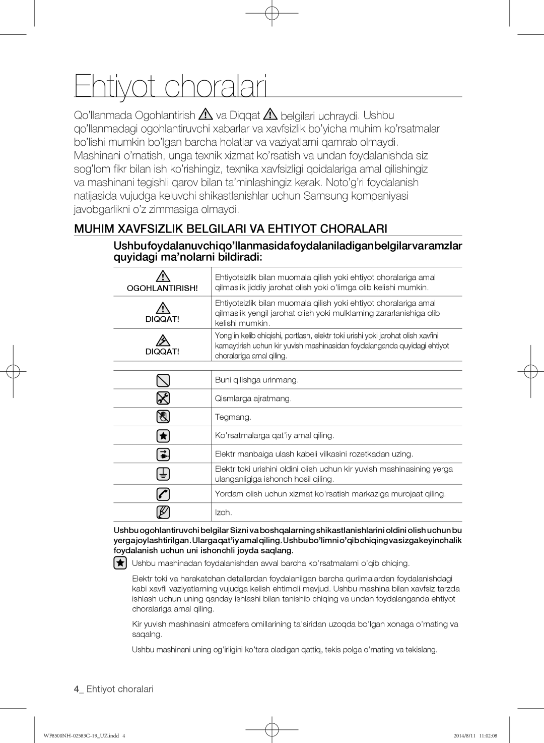 Samsung WF8500NHV/YLP manual Ehtiyot choralari, Muhim Xavfsizlik Belgilari VA Ehtiyot Choralari, Ogohlantirish, Diqqat 