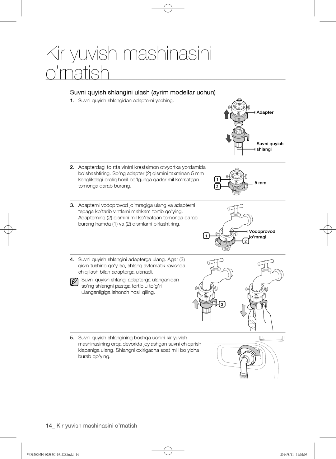 Samsung WF8500NHV/YLP manual Suvni quyish shlangini ulash ayrim modellar uchun, Suvni quyish shlangidan adapterni yeching 