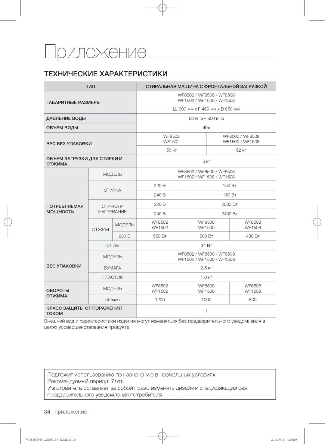 Samsung WF8500NHW/YLE, WF1500NHW/YLP, WF8500NHW/YLP, WF8500NMW/YLE, WF8500NMW8/XEH, WF8500NMW8/YLP, WF8500NHV/YLP 34 приложение 