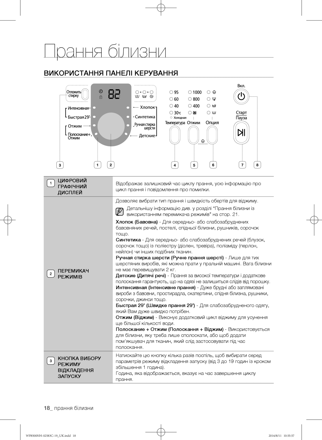 Samsung WF8500NHW/YLE, WF1500NHW/YLP, WF8500NHW/YLP, WF8500NMW/YLE, WF8500NMW8/XEH manual Використання панелі керування 