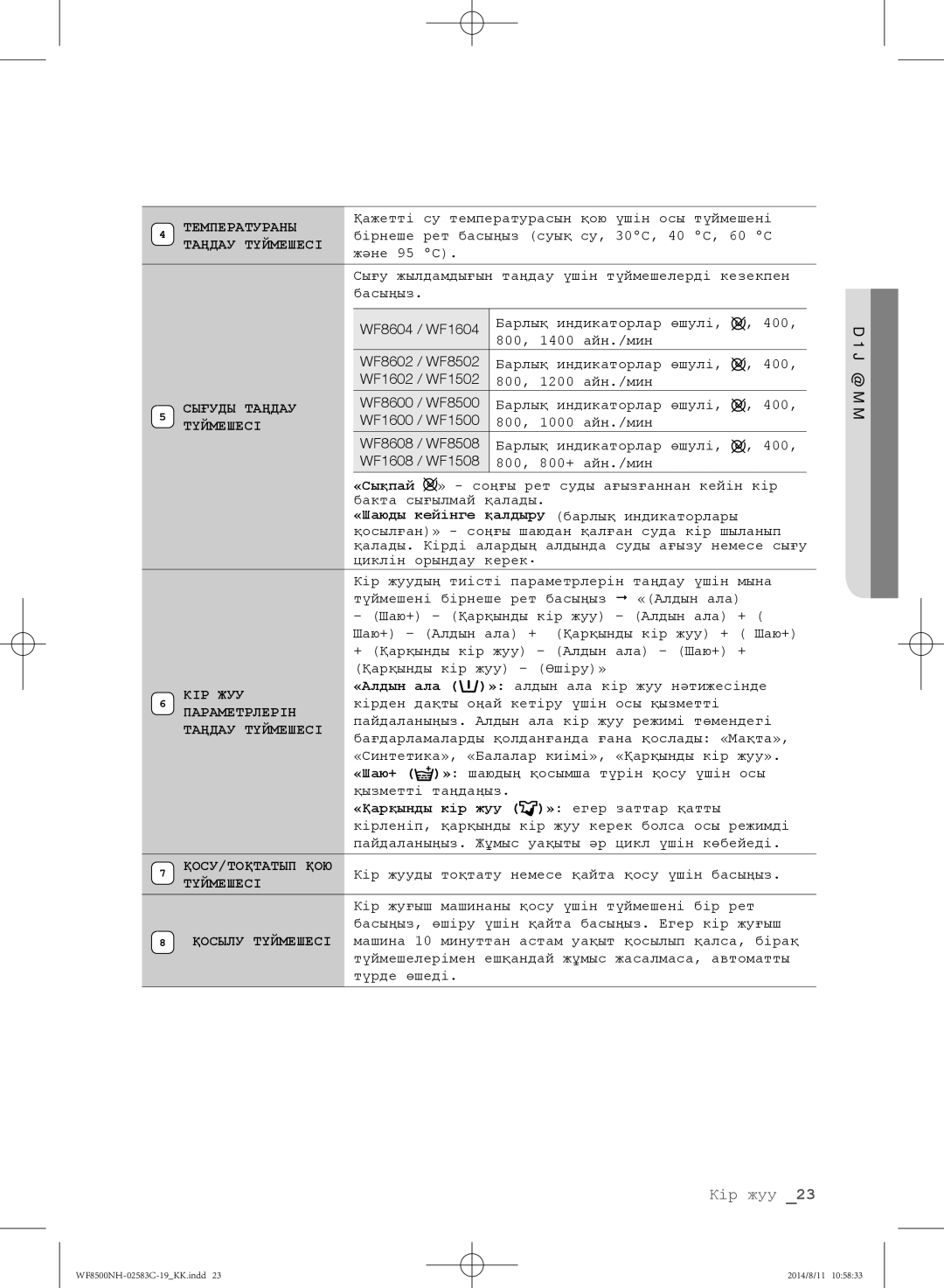 Samsung WF8500NMW8/YLP, WF1500NHW/YLP WF8604 / WF1604, «Сықпай, «Шаюды кейінге қалдыру барлық индикаторлары, «Алдын ала 