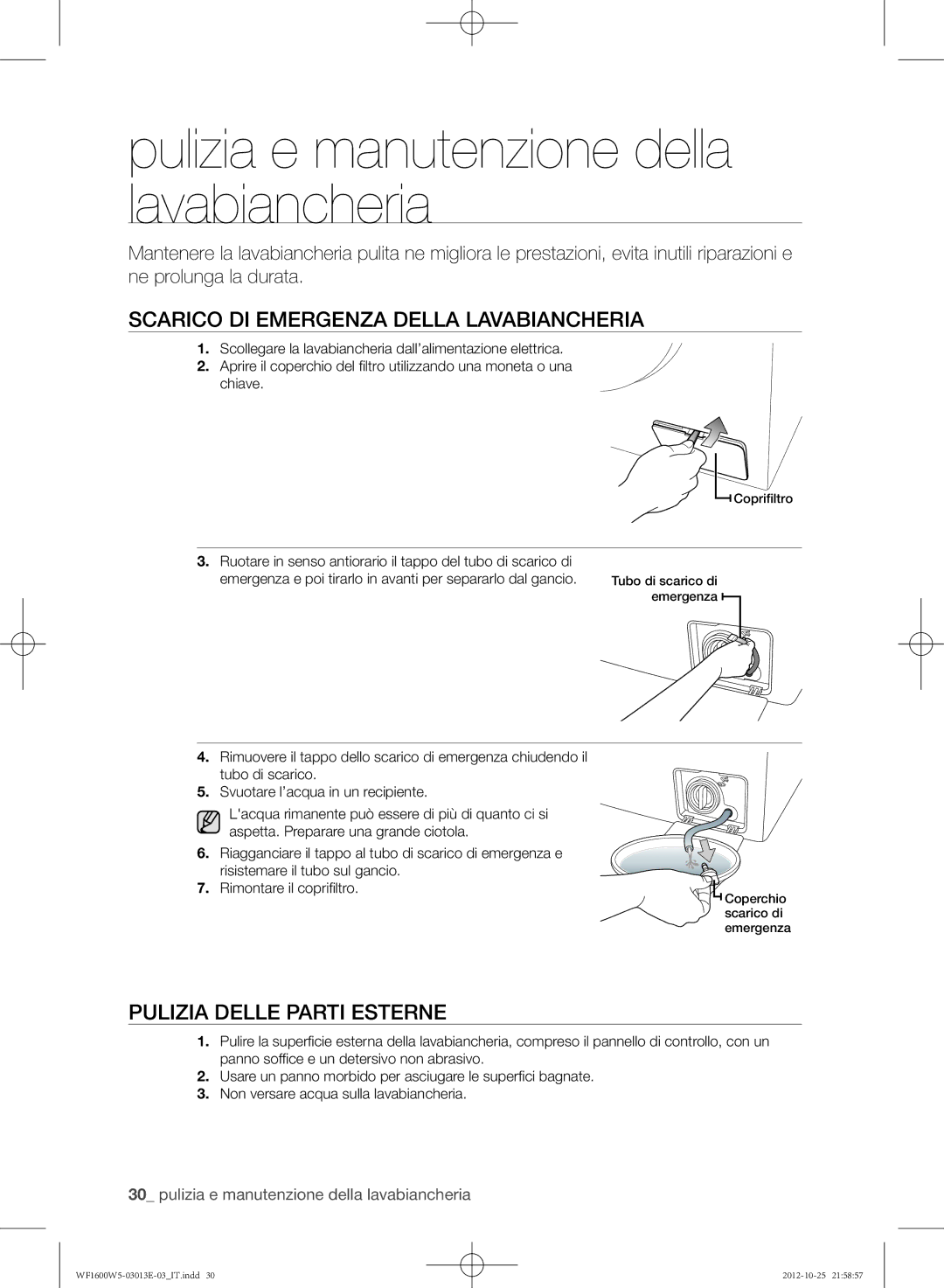 Samsung WF1602W5V/XET, WF1600W5V/XET, WF1700W5W/XET Scarico di emergenza della lavabiancheria, Pulizia delle parti esterne 