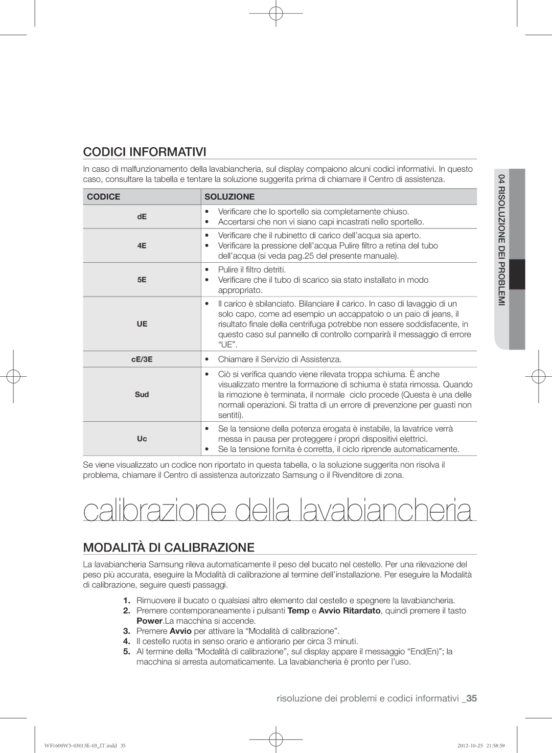 Samsung WF1700W5V/XET, WF1600W5V/XET, WF1700W5W/XET manual Codici informativi, Modalità di calibrazione, Codice Soluzione 