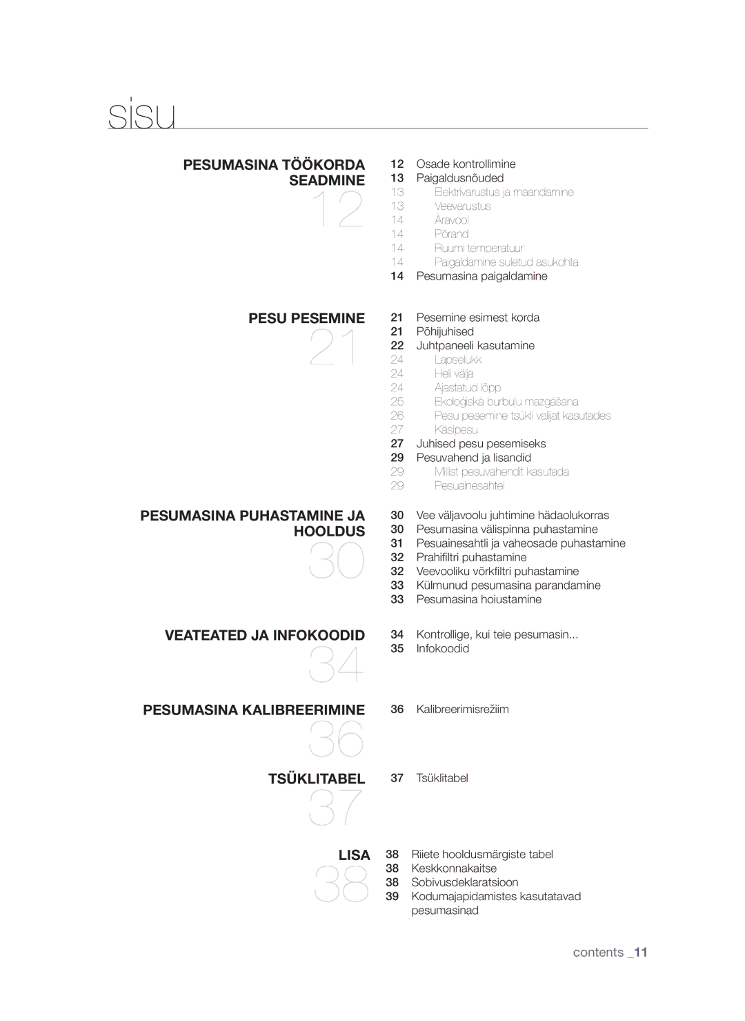 Samsung WF8624NGW/YLE manual Sisu, Riiete hooldusmärgiste tabel, Keskkonnakaitse, Sobivusdeklaratsioon, Pesumasinad 