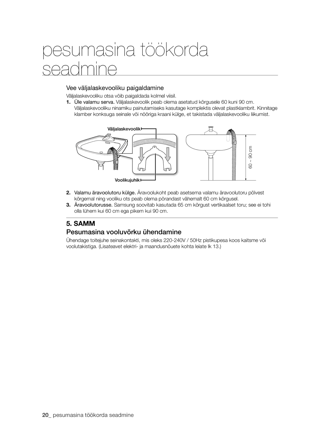 Samsung WF1702W5V/YLE manual Pesumasina vooluvõrku ühendamine, Väljalaskevooliku otsa võib paigaldada kolmel viisil 