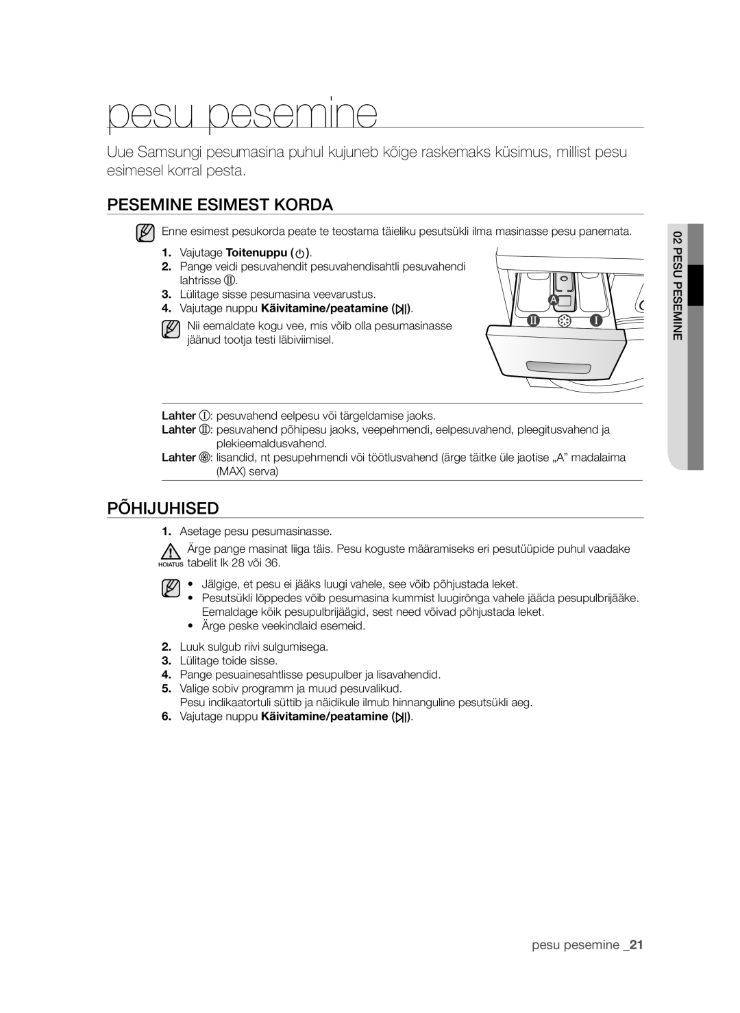 Samsung WF0704W7V/YLE, WF1600WCW/YLE, WF8620NGW/YLE manual Pesu pesemine, Pesemine esimest korda, Põhijuhised, Semep su Pe02 