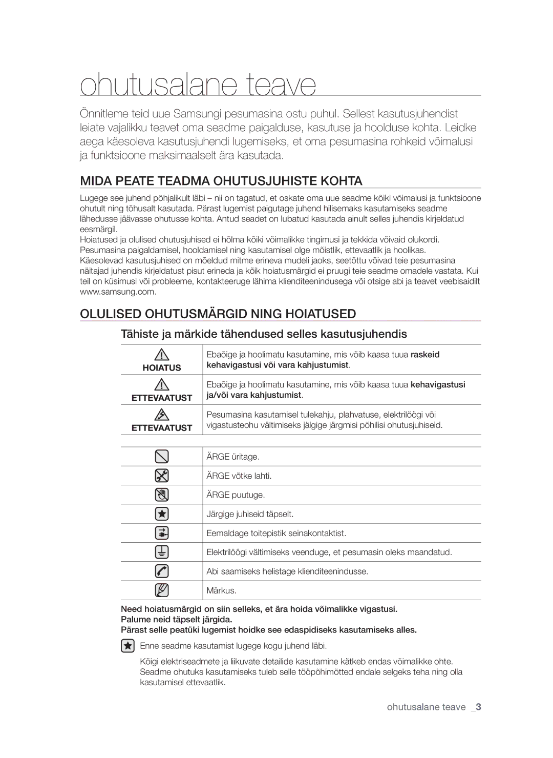 Samsung WF1602W5C/XEH manual Ohutusalane teave, Mida peate teadma ohutusjuhiste kohta, Olulised ohutusmärgid ning hoiatused 
