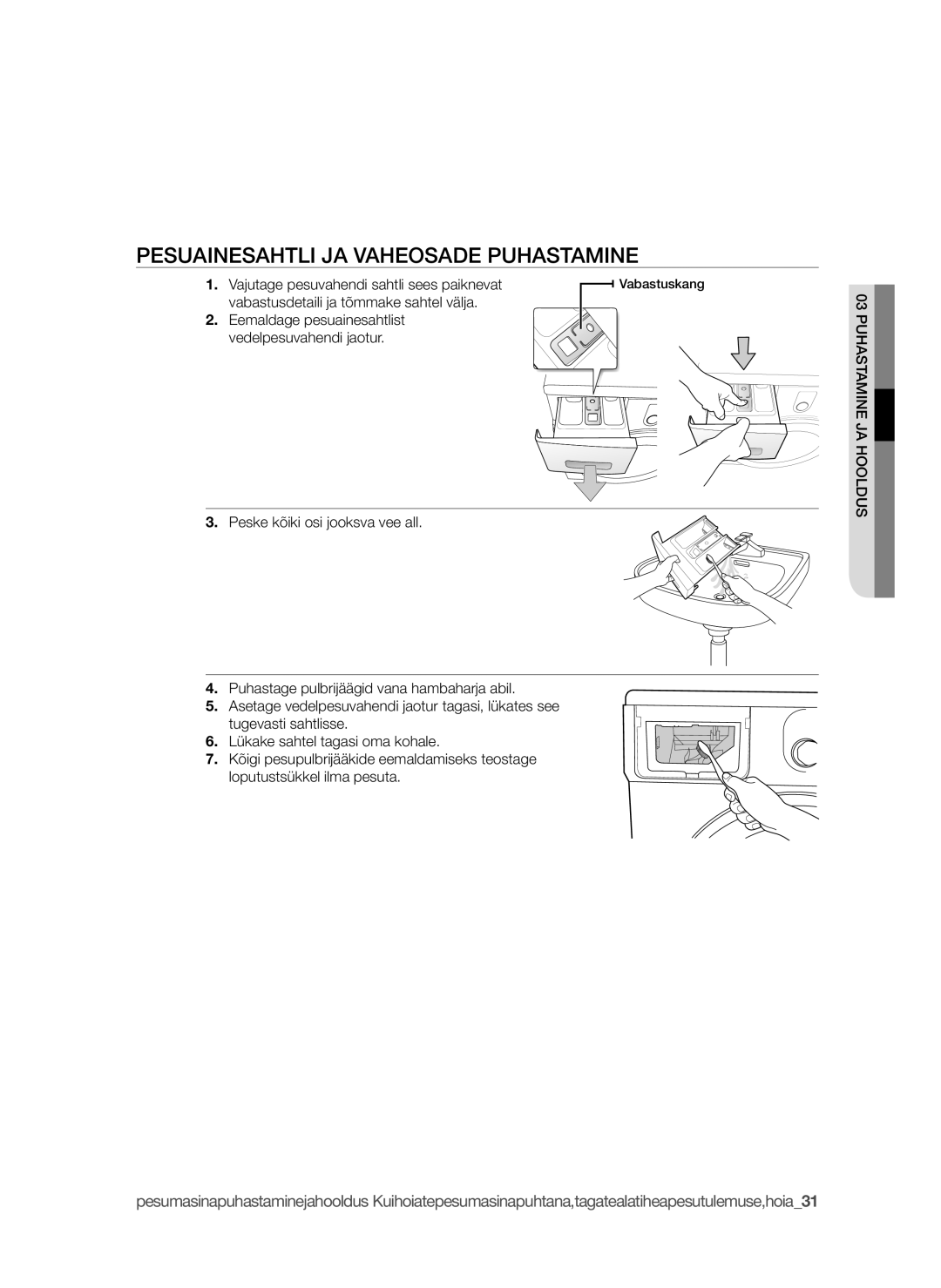 Samsung WF0704W7V1/YLE, WF1600WCW/YLE, WF8620NGW/YLE, WF9702N3C/YLE, WF1602W5C/XEH Pesuainesahtli ja vaheosade puhastamine 