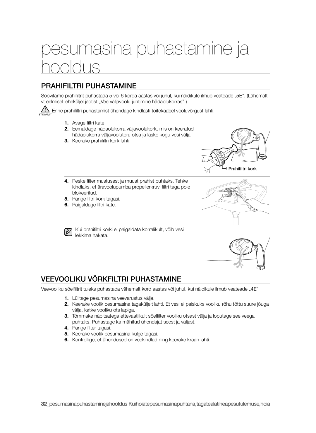 Samsung WF1702W5V/YLE, WF1600WCW/YLE, WF8620NGW/YLE manual Prahifiltri puhastamine, Veevooliku võrkfiltri puhastamine 