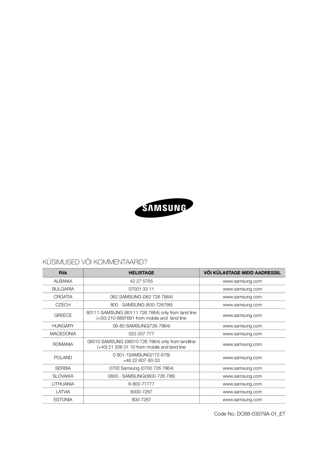 Samsung WF8622SFV/YLE, WF1600WCW/YLE, WF8620NGW/YLE, WF9702N3C/YLE Küsimused VÕI KOMMENTAARID?, Code No. DC68-03079A-01ET 