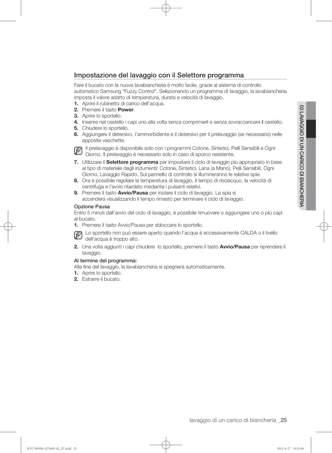 Samsung WF1700NHW/XET, WF1602NHW/XET manual Impostazione del lavaggio con il Selettore programma 