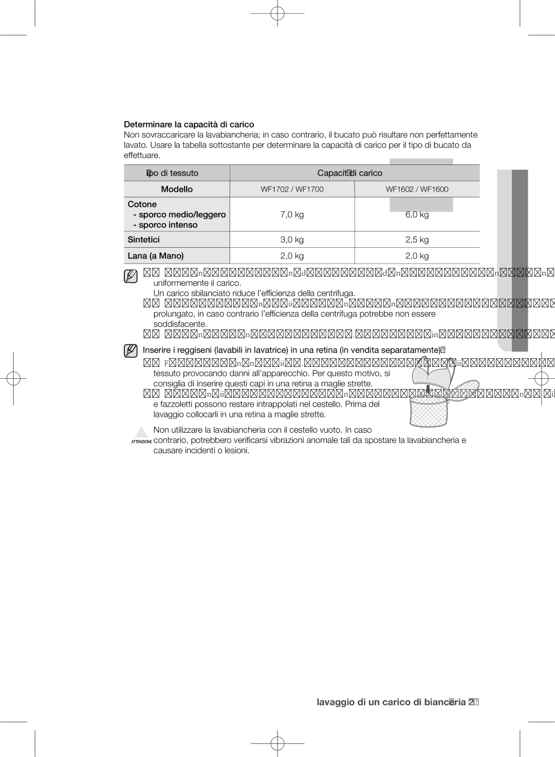 Samsung WF1700NHW/XET, WF1602NHW/XET manual Tipo di tessuto Capacità di carico 