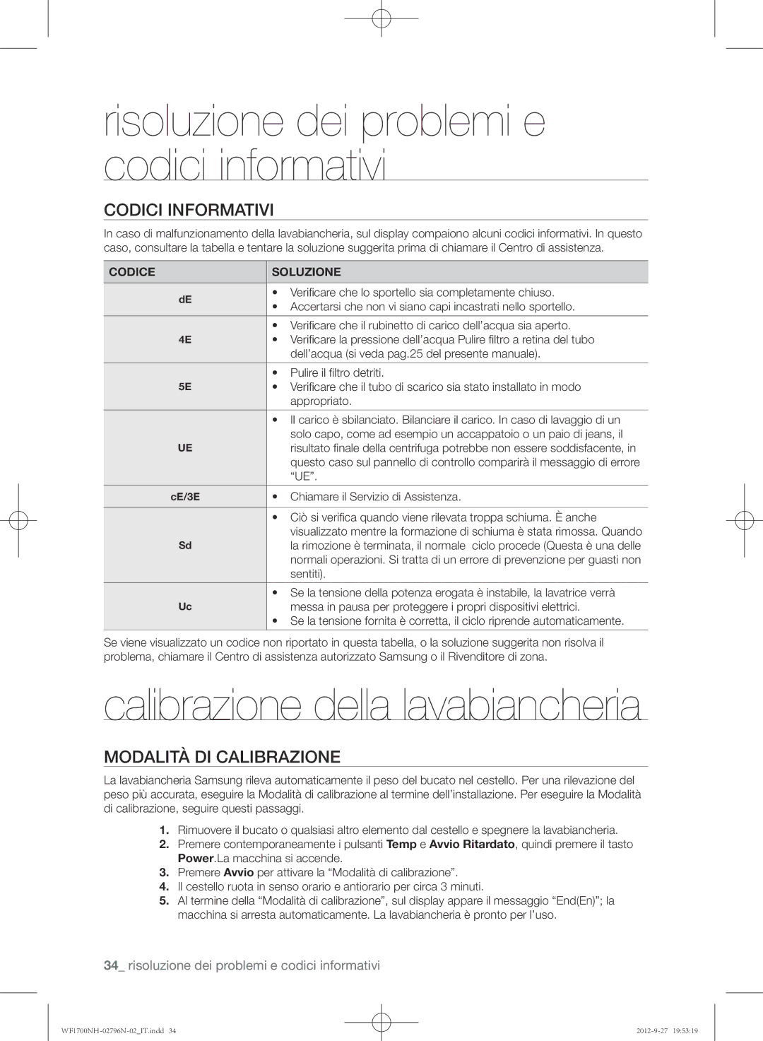 Samsung WF1602NHW/XET, WF1700NHW/XET manual Calibrazione della lavabiancheria, Codici informativi, Modalità di calibrazione 