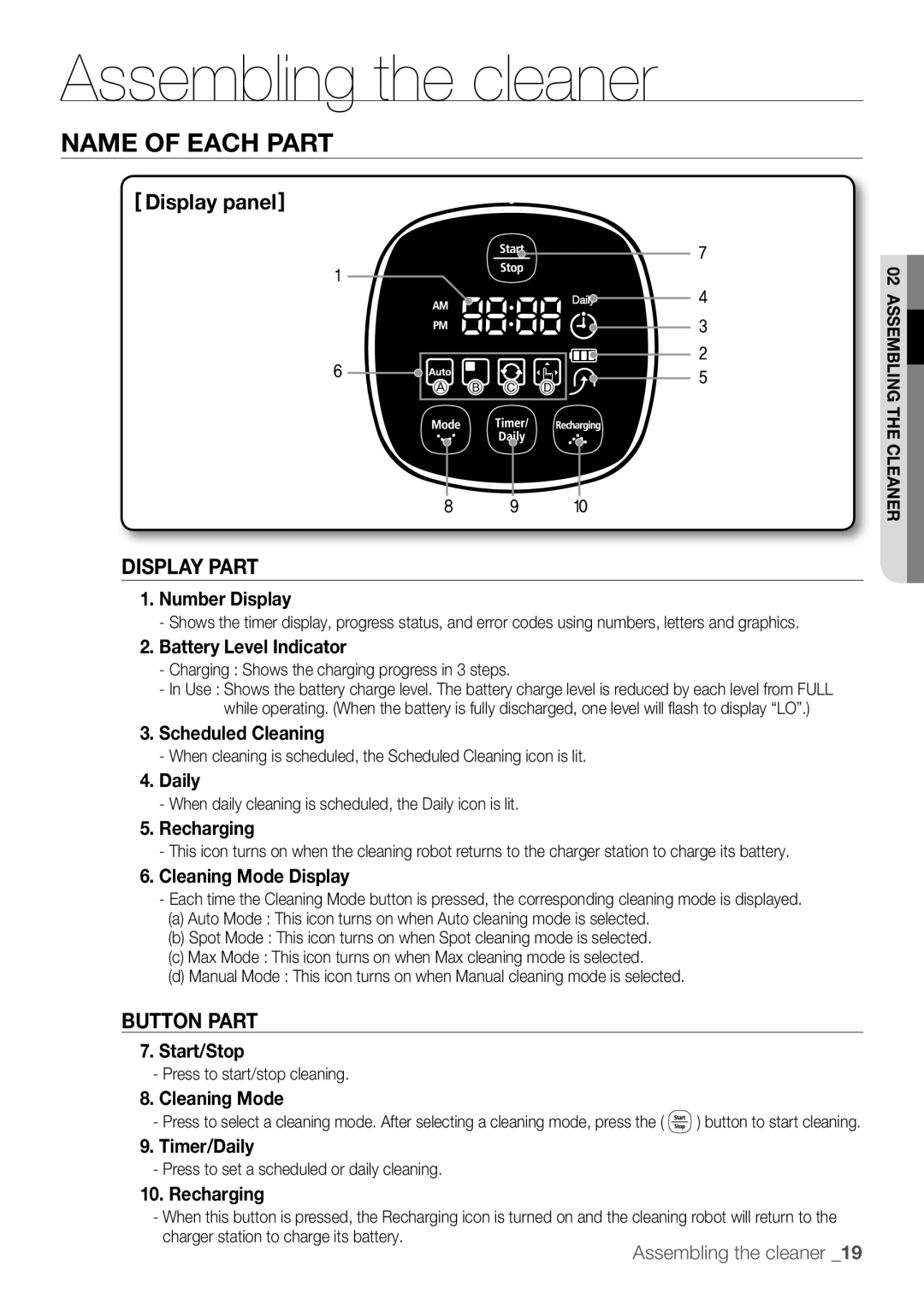 Samsung WF8620NHW/YLE manual Number Display, Battery Level Indicator, Scheduled Cleaning, Daily, Recharging, Start/Stop 