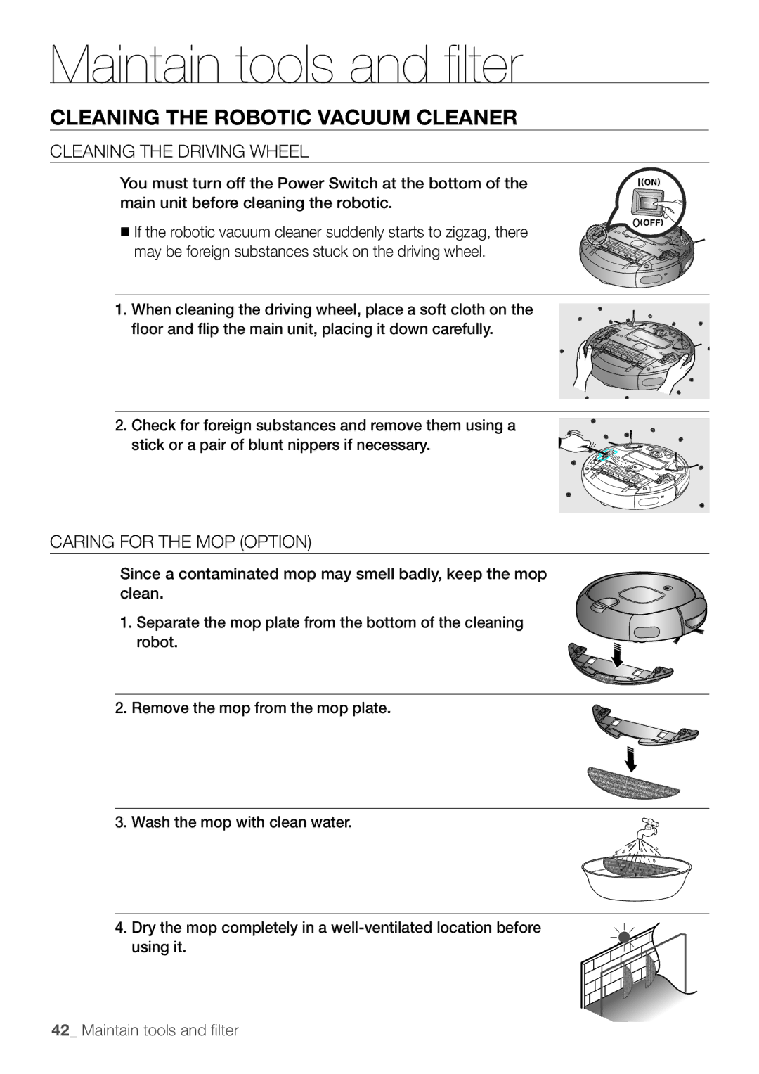 Samsung AQV09YWAN, WF1602W5C/YLE, AQV12KBBX, AQV12KBBN, AQV09KBBN manual Cleaning the driving wheel, Caring for the mop option 