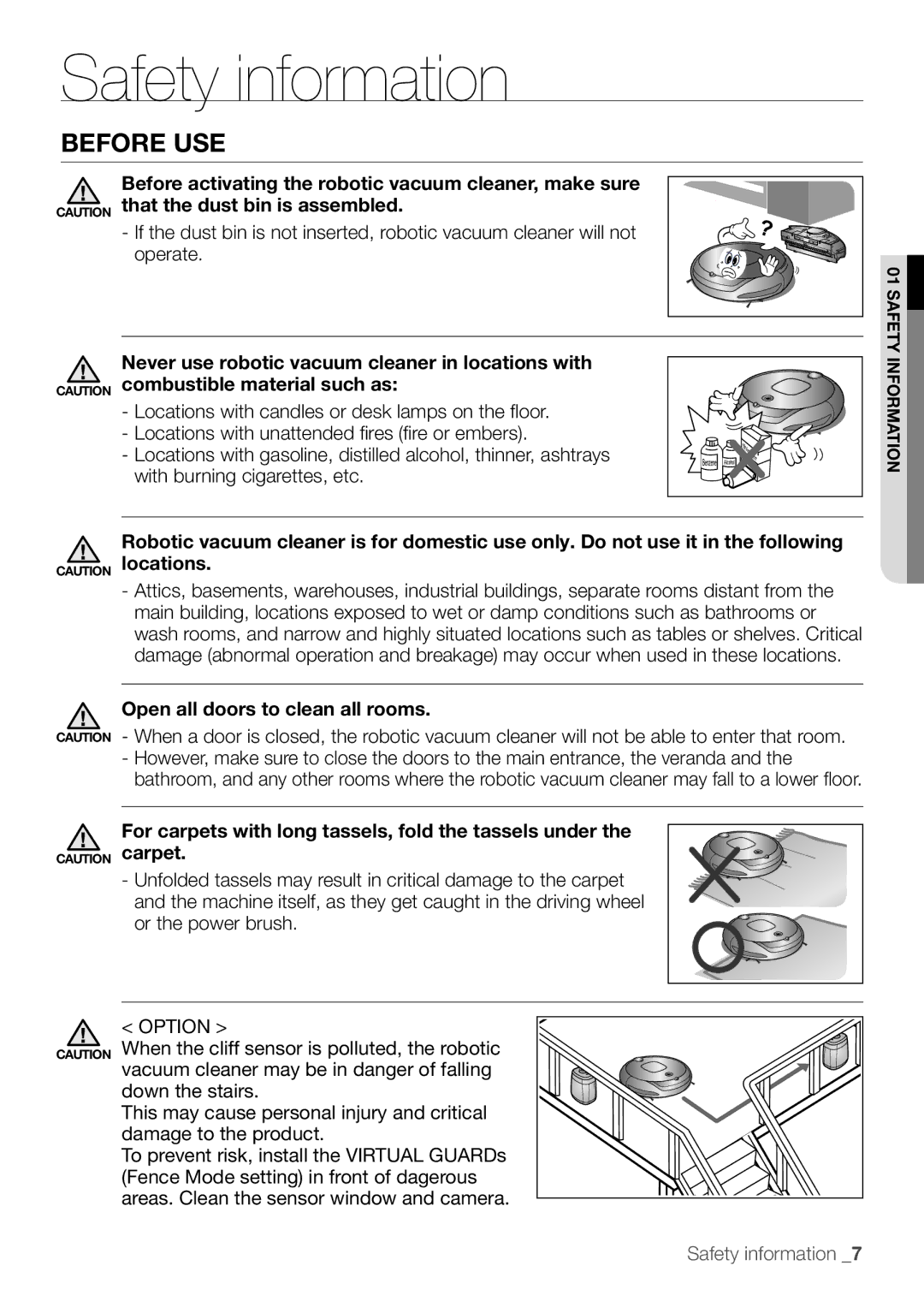 Samsung AQV09YWAX Before use, Before activating the robotic vacuum cleaner, make sure, Open all doors to clean all rooms 