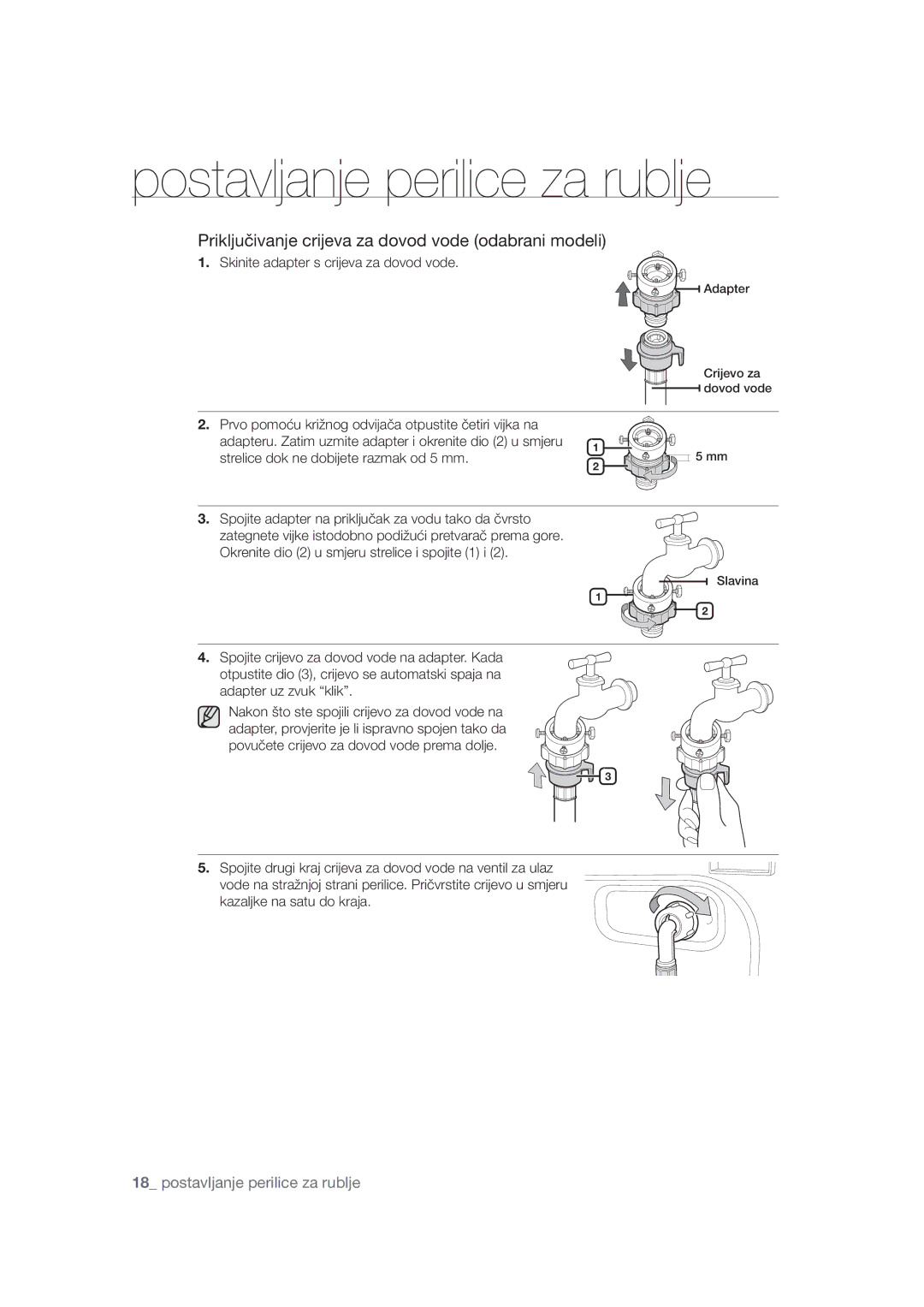 Samsung WF8622SFV/YLE manual Skinite adapter s crijeva za dovod vode, Spojite adapter na priključak za vodu tako da čvrsto 