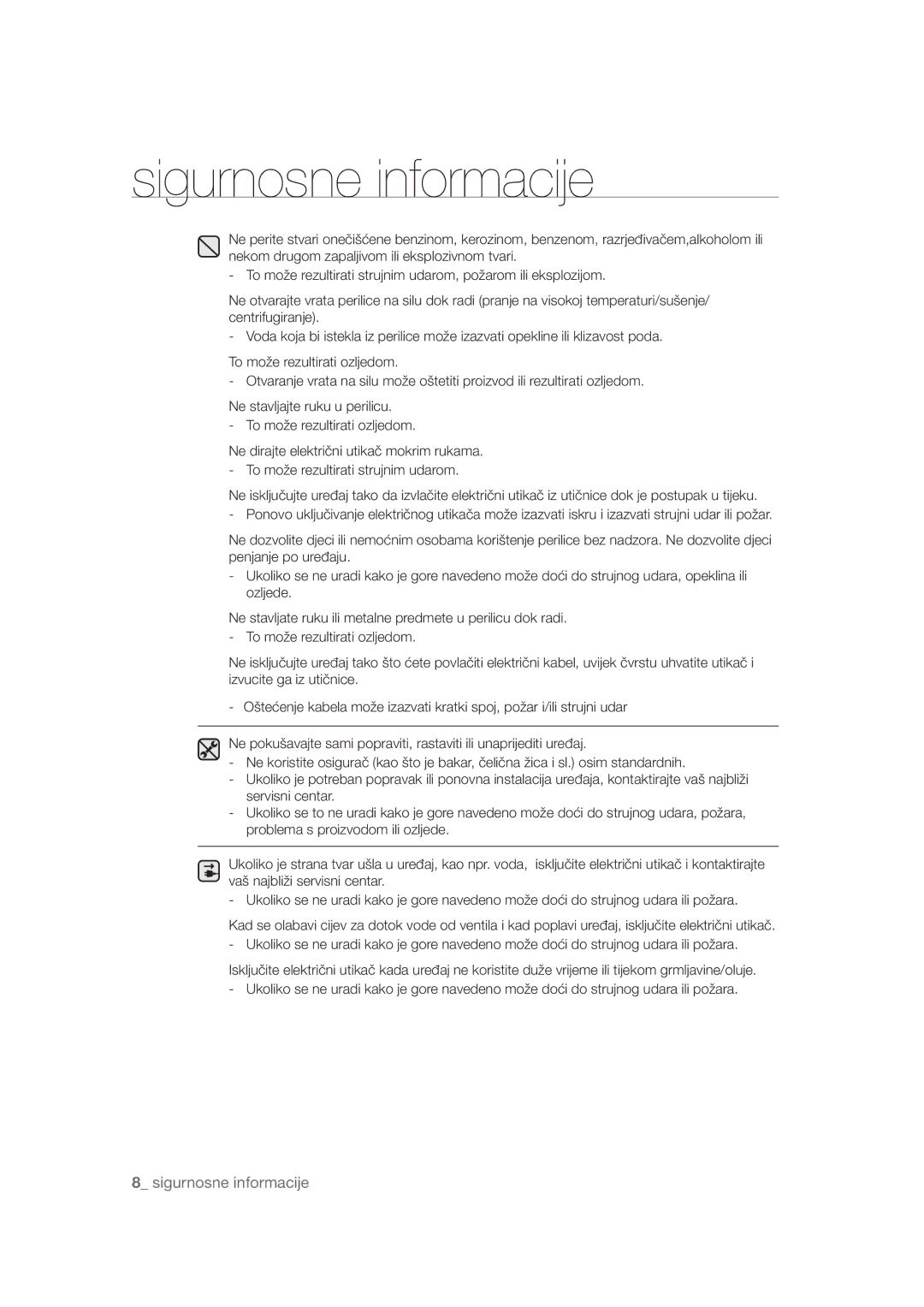 Samsung AQV09YWAN, WF1602W5C/YLE, AQV12KBBX, AQV12KBBN, AQV09KBBN, AQV12YWAN, AQV18KBBN, AQV18KBBX manual Sigurnosne informacije 