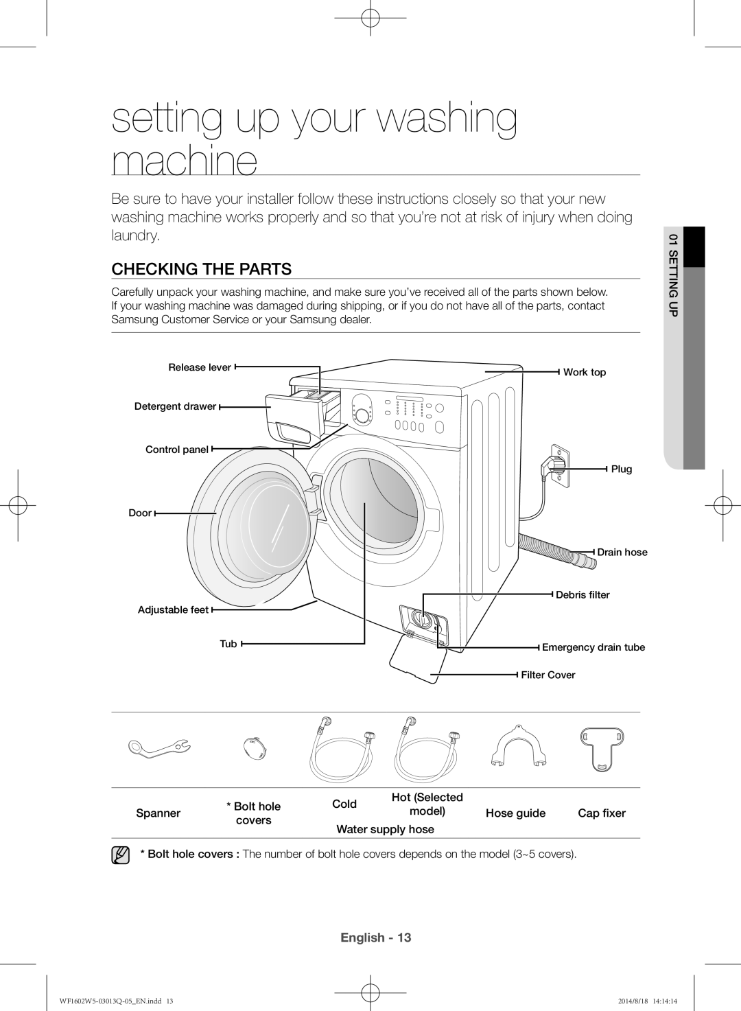 Samsung WF1602W5V/YL Setting up your washing machine, Checking the parts, Setting up Bolt hole Cold Hot Selected Spanner 