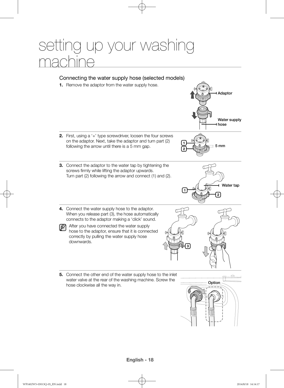 Samsung WF1602W5V/YL manual Remove the adaptor from the water supply hose, Connect the water supply hose to the adaptor 