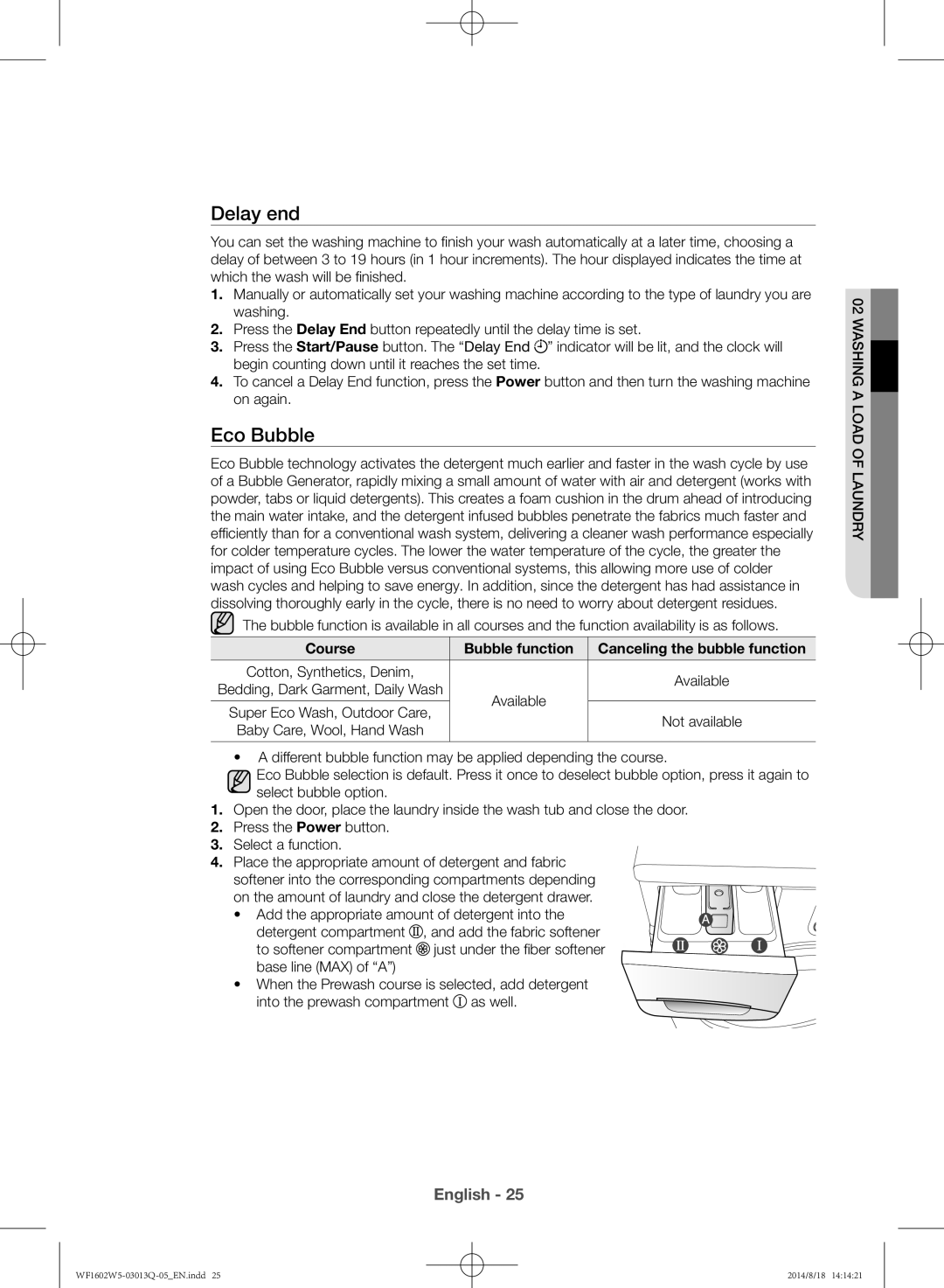 Samsung WF1602W5V/YL manual Eco Bubble, Course Bubble function Canceling the bubble function 