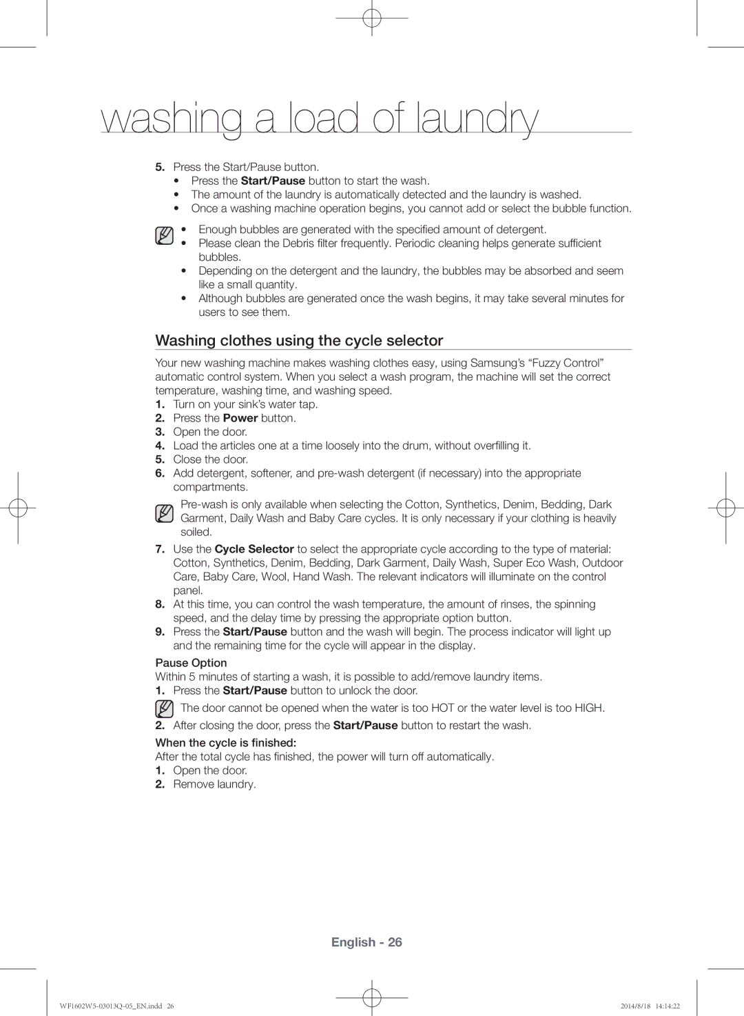 Samsung WF1602W5V/YL manual Washing clothes using the cycle selector 