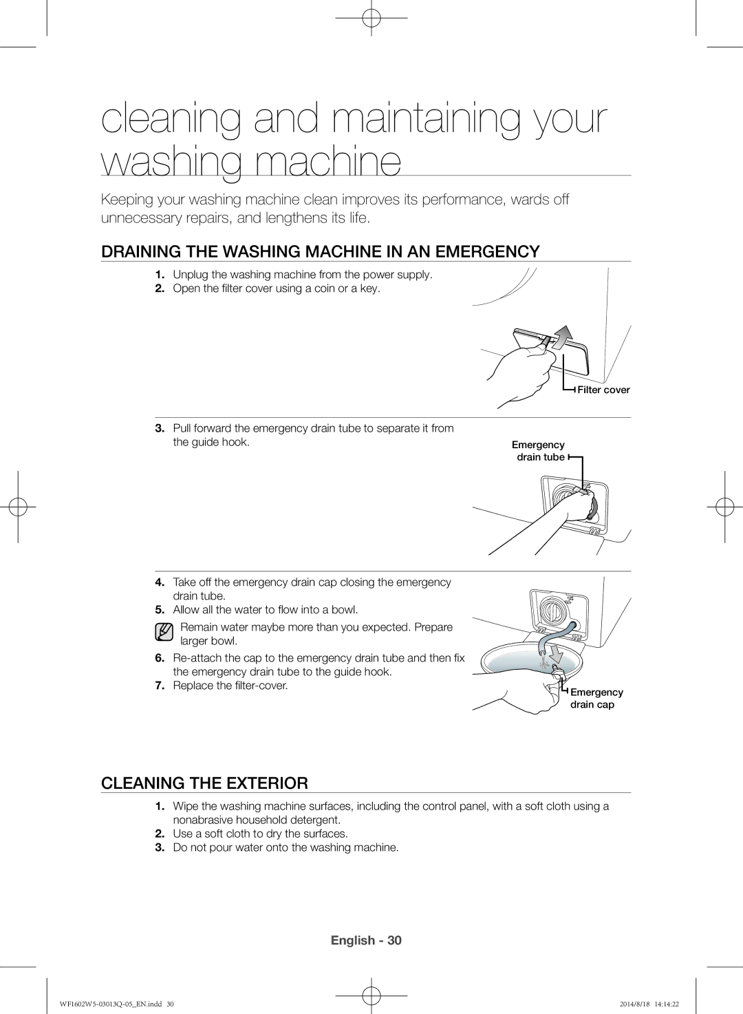 Samsung WF1602W5V/YL manual Cleaning and maintaining your washing machine, Draining the washing machine in an emergency 