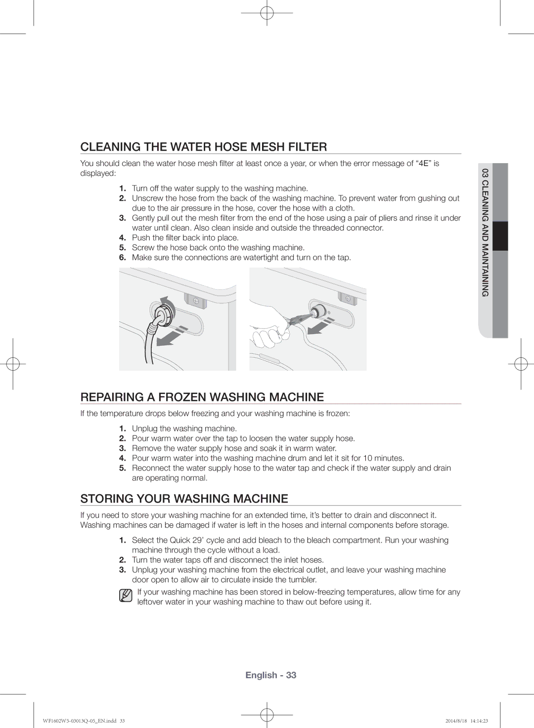 Samsung WF1602W5V/YL Cleaning the water hose mesh filter, Repairing a frozen washing machine, Storing your washing machine 