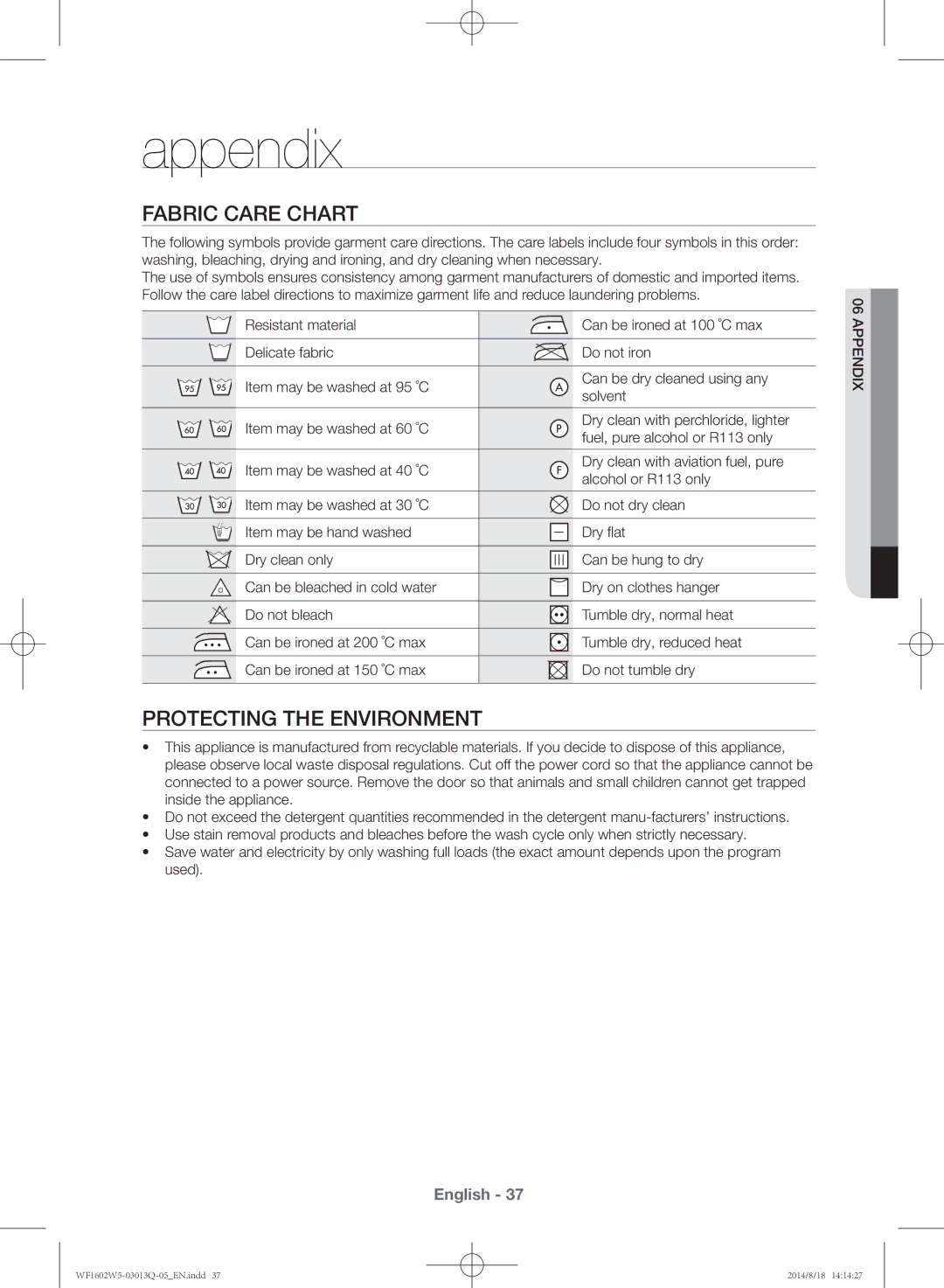 Samsung WF1602W5V/YL manual Appendix, Fabric care chart, Protecting the environment, Ix dne ppA 