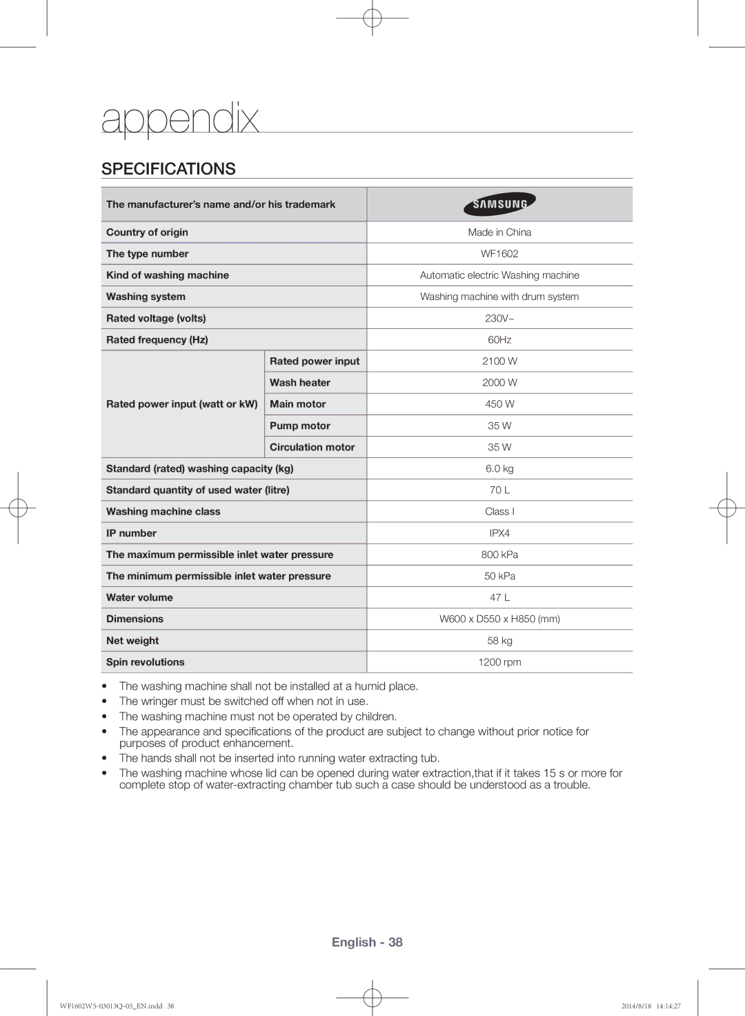 Samsung WF1602W5V/YL manual Specifications, IPX4 