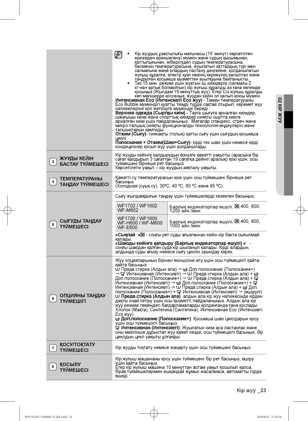 Samsung WF1700WCW/YLP manual Жууды Кейін, Бастау Түймешесі, Температураны, Таңдау Түймешесі, Сығуды Таңдау, Опцияны Таңдау 