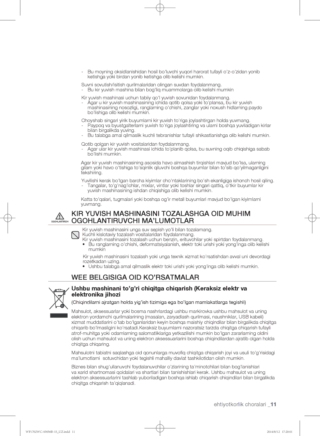 Samsung WF-M602WCC/YLP, WF1602WCC/YLP, WF1700WCW/YLP, WF1600WCW/YLP, WF1702WCC/YLP manual WEE belgisiga oid ko’rsatmalar 