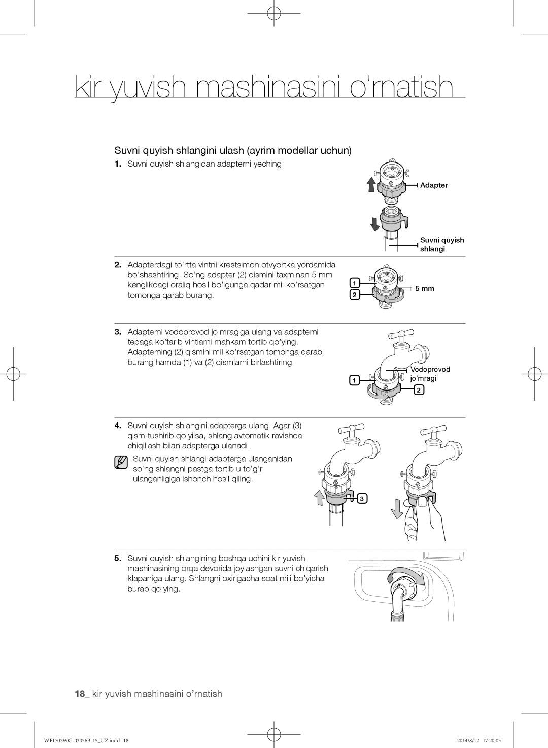 Samsung WF1602WCC/YLP manual Suvni quyish shlangini ulash ayrim modellar uchun, Suvni quyish shlangidan adapterni yeching 