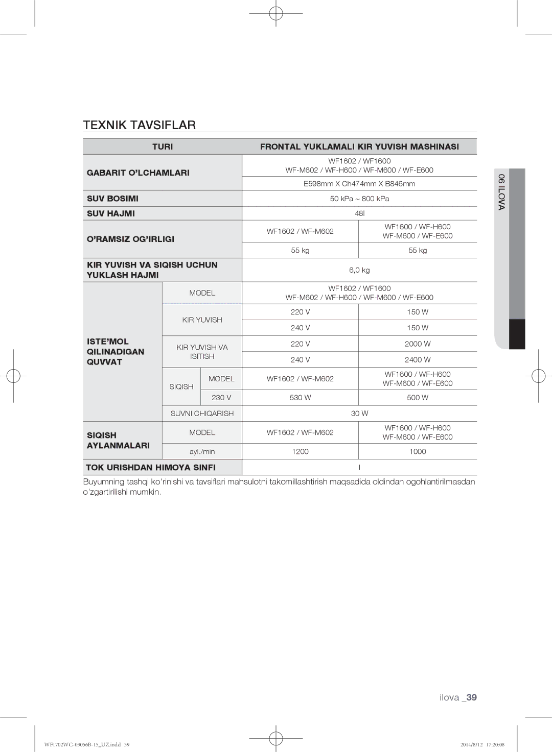 Samsung WF1700WCW/YLP Turi Frontal Yuklamali KIR Yuvish Mashinasi, Gabarit O’LCHAMLARI, SUV Bosimi, SUV Hajmi, Iste’Mol 