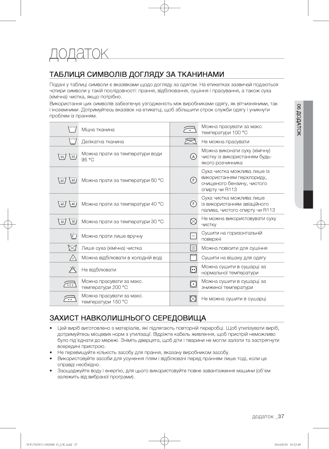 Samsung WF1700WCW/YLP, WF1602WCC/YLP manual Додаток, Таблиця символів догляду за тканинами, Захист навколишнього середовища 