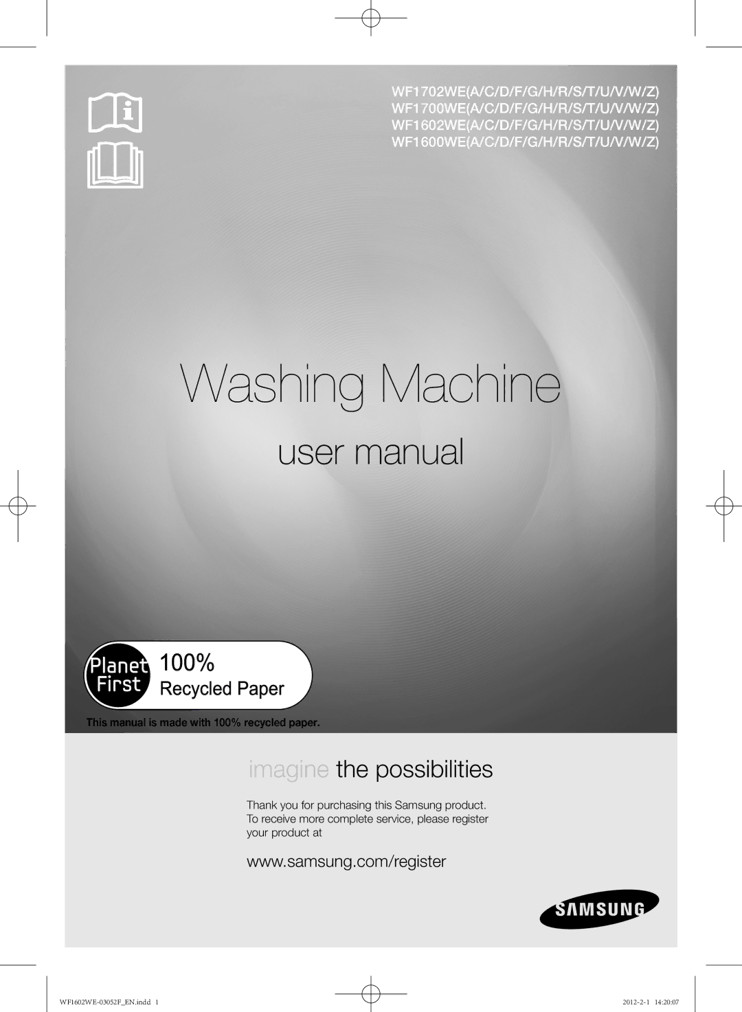 Samsung WF1602WEU/YL manual Washing Machine, This manual is made with 100% recycled paper 