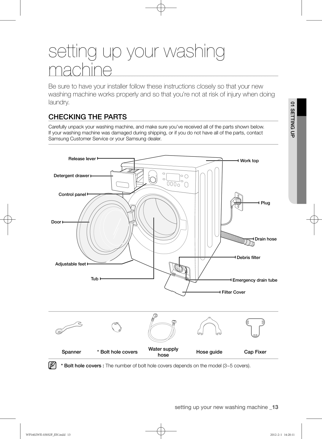 Samsung WF1602WEU/YL manual Setting up your washing machine, Checking the parts 