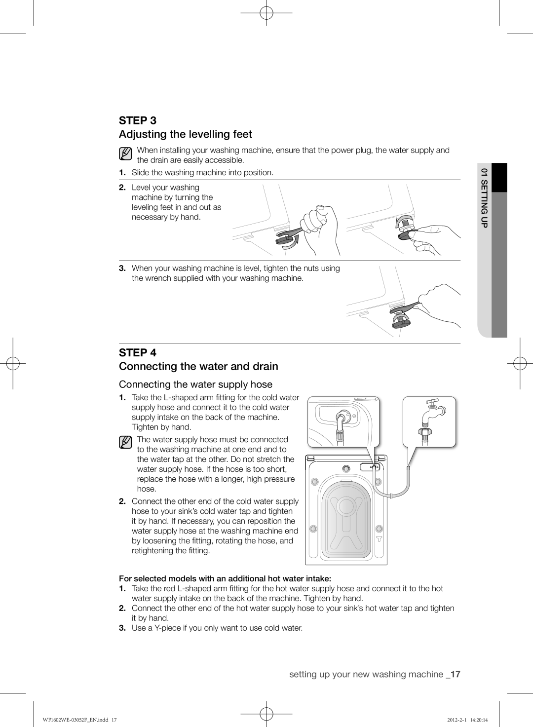 Samsung WF1602WEU/YL manual Adjusting the levelling feet, Connecting the water and drain 