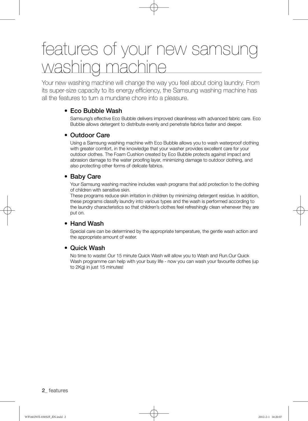 Samsung WF1602WEU/YL manual Features of your new samsung washing machine, Outdoor Care, Baby Care, Hand Wash, Quick Wash 