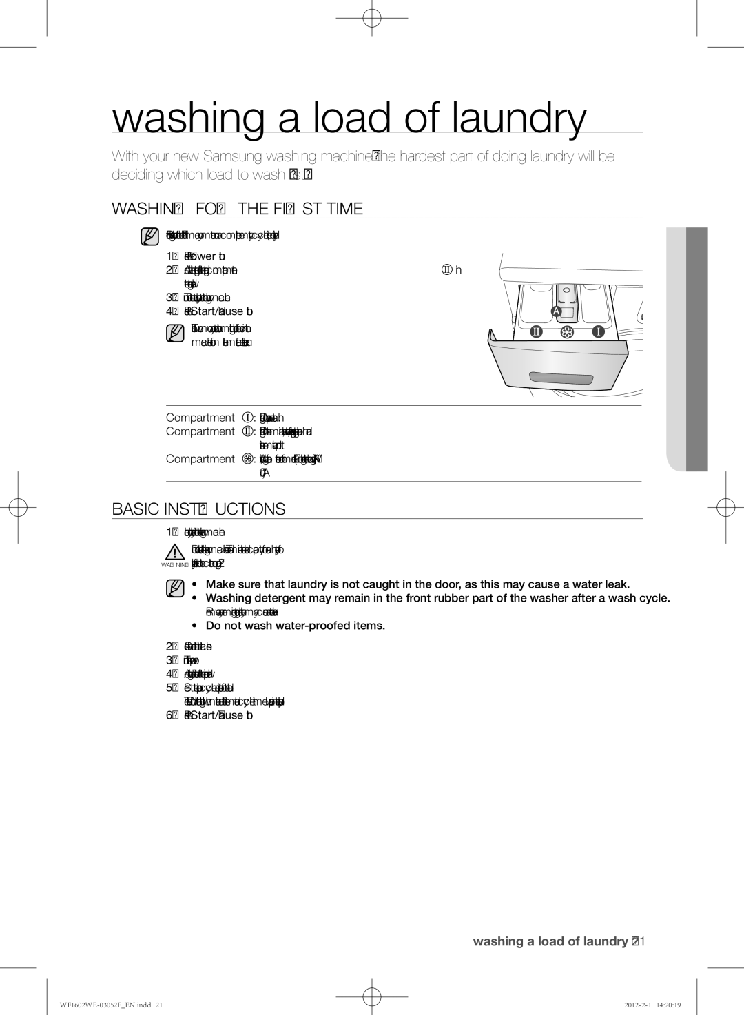 Samsung WF1602WEU/YL manual Washing a load of laundry, Washing for the first time, Basic instructions 