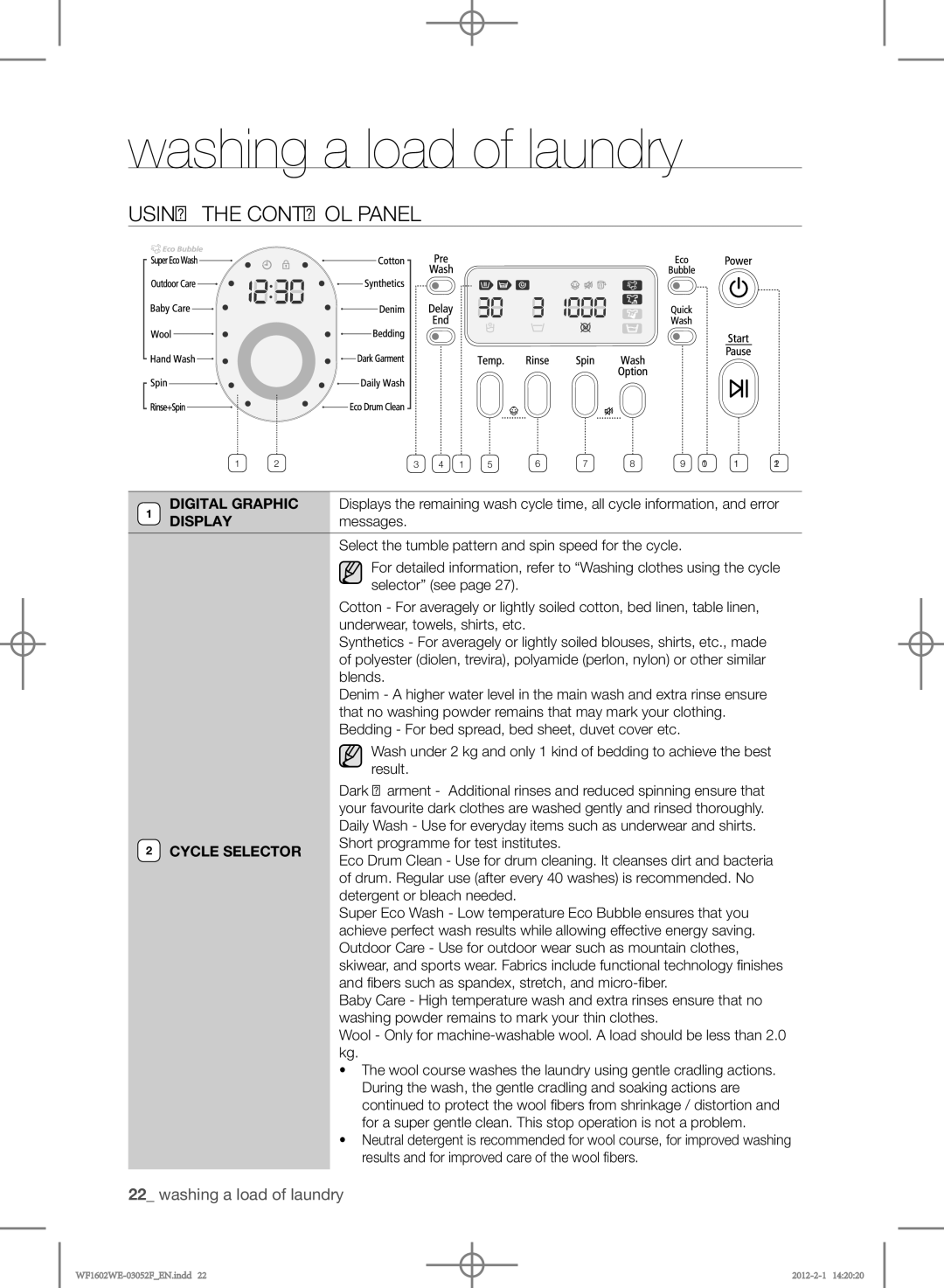 Samsung WF1602WEU/YL manual Using the control panel, Messages 