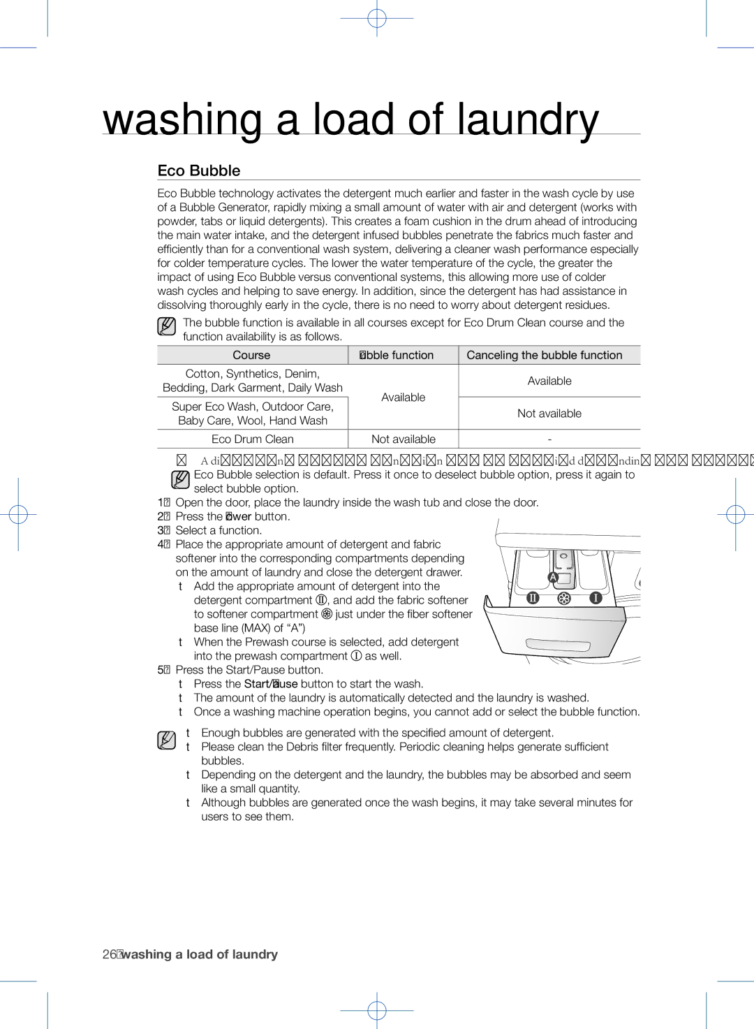 Samsung WF1602WEU/YL manual Eco Bubble, Course Bubble function Canceling the bubble function 