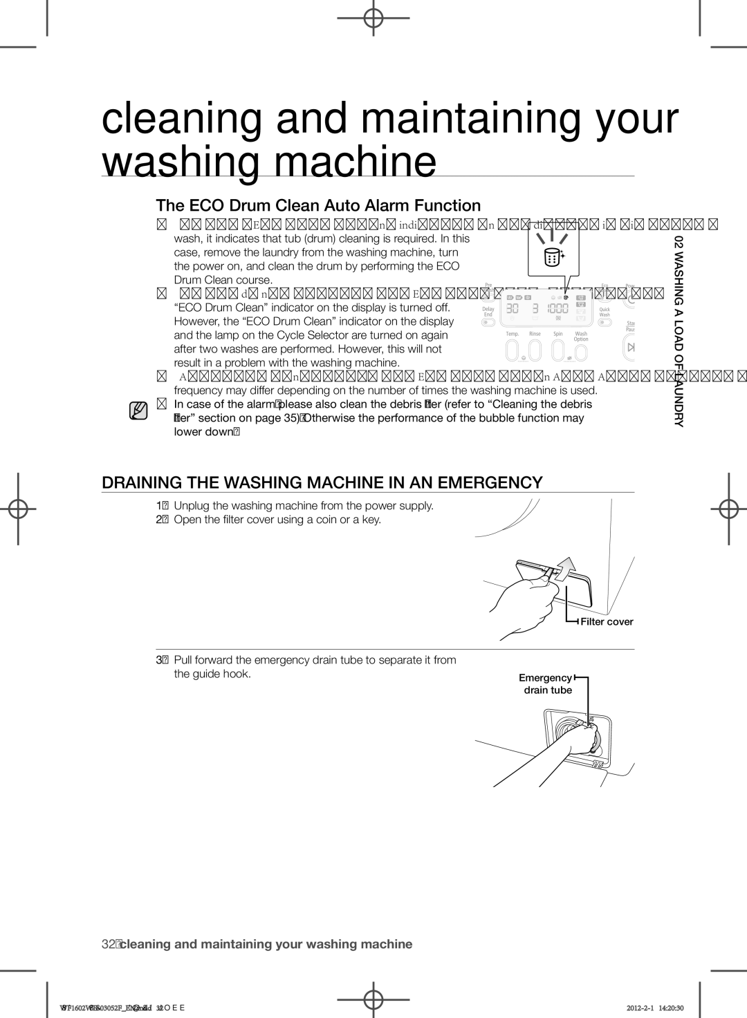 Samsung WF1602WEU/YL manual ECO Drum Clean Auto Alarm Function, Draining the washing machine in an emergency 