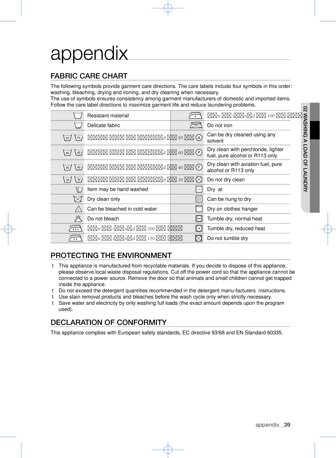 Samsung WF1602WEU/YL Appendix, Fabric care chart, Protecting the environment, Declaration of conformity, Chartlec 05 Cy 