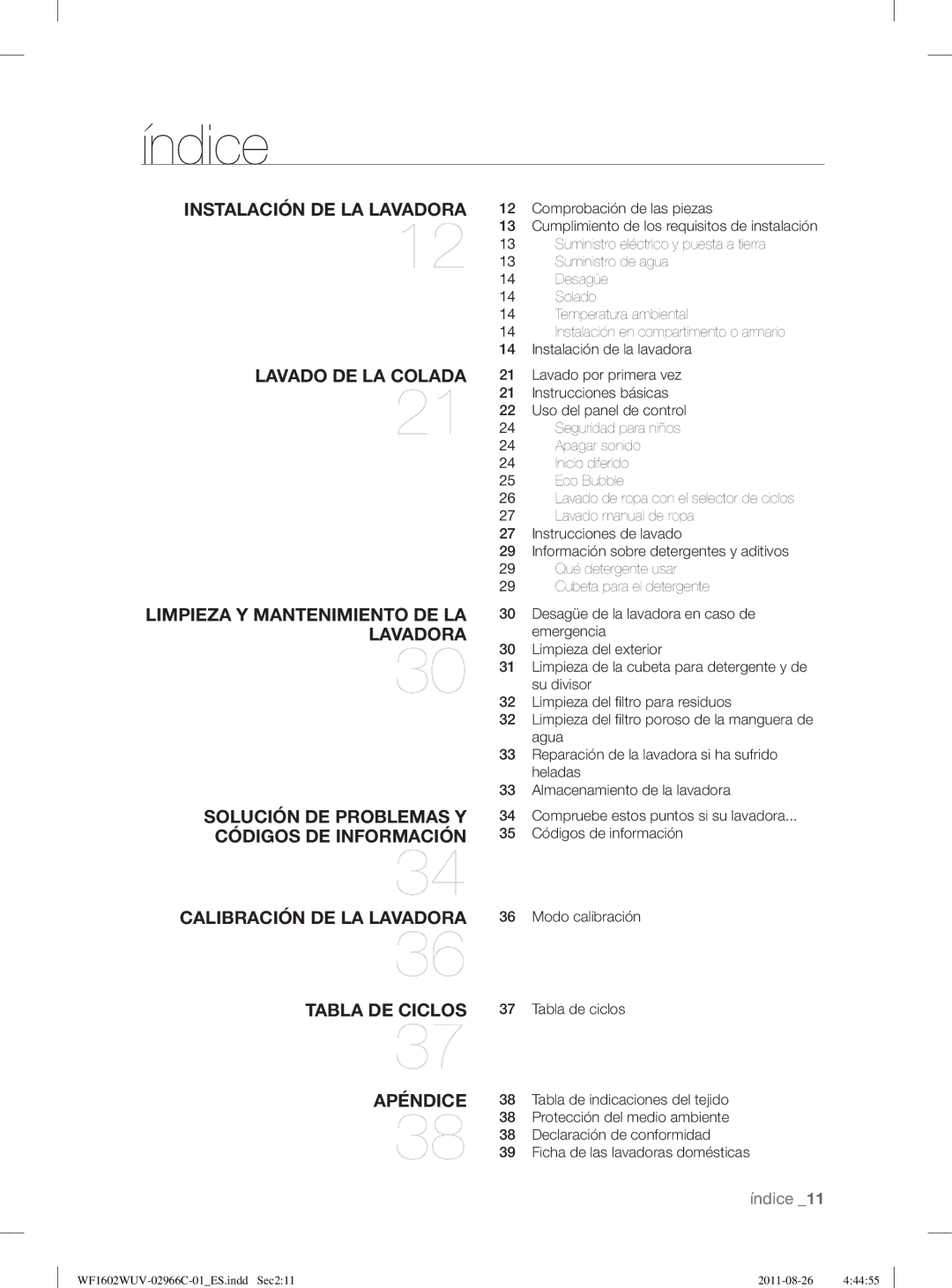 Samsung WF1602WUV/XEP, WF1602WUV/XEC manual Índice 