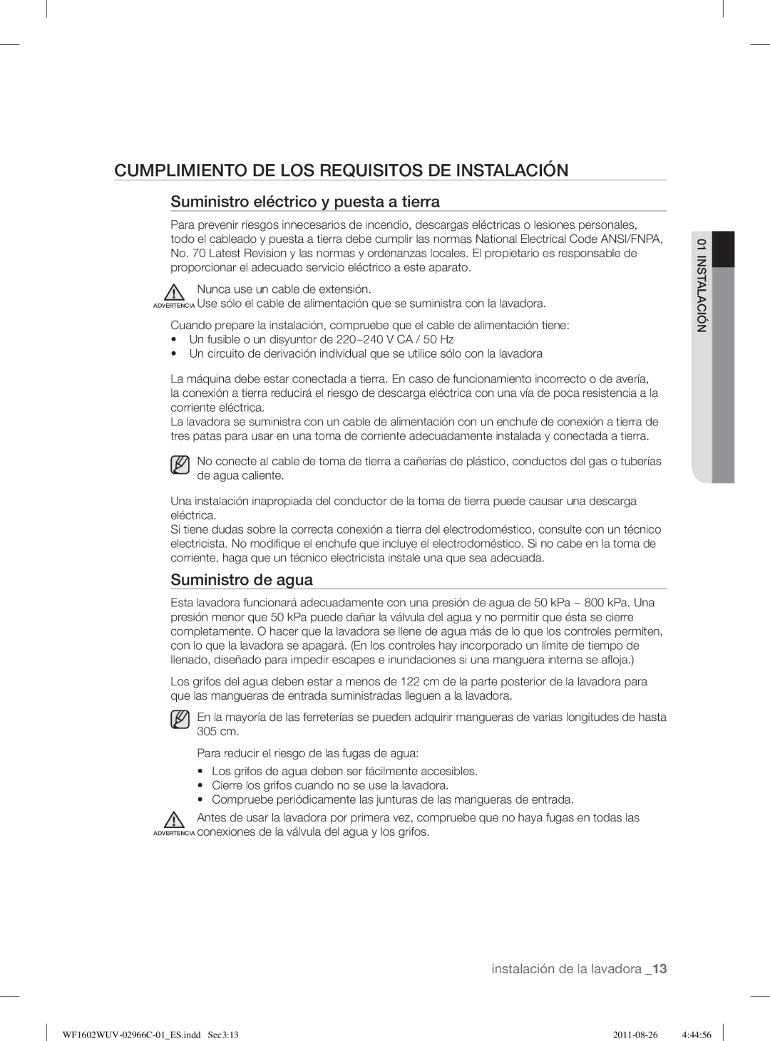 Samsung WF1602WUV/XEP, WF1602WUV/XEC Cumplimiento DE LOS Requisitos DE Instalación, Suministro eléctrico y puesta a tierra 