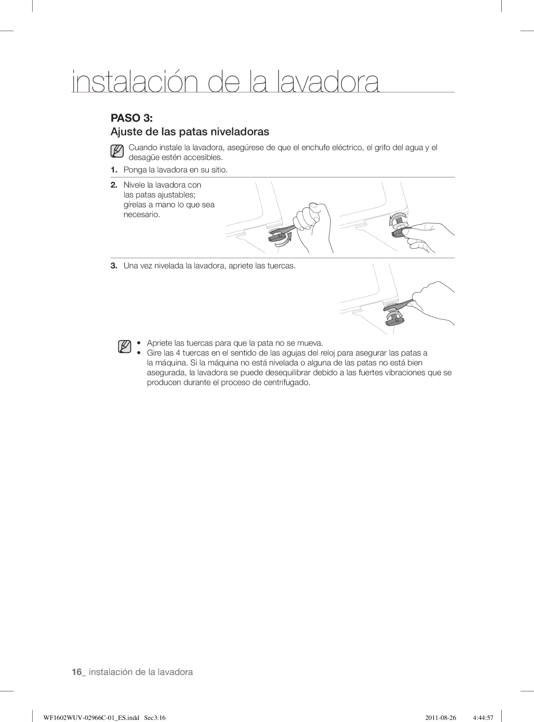 Samsung WF1602WUV/XEC, WF1602WUV/XEP manual Ajuste de las patas niveladoras 