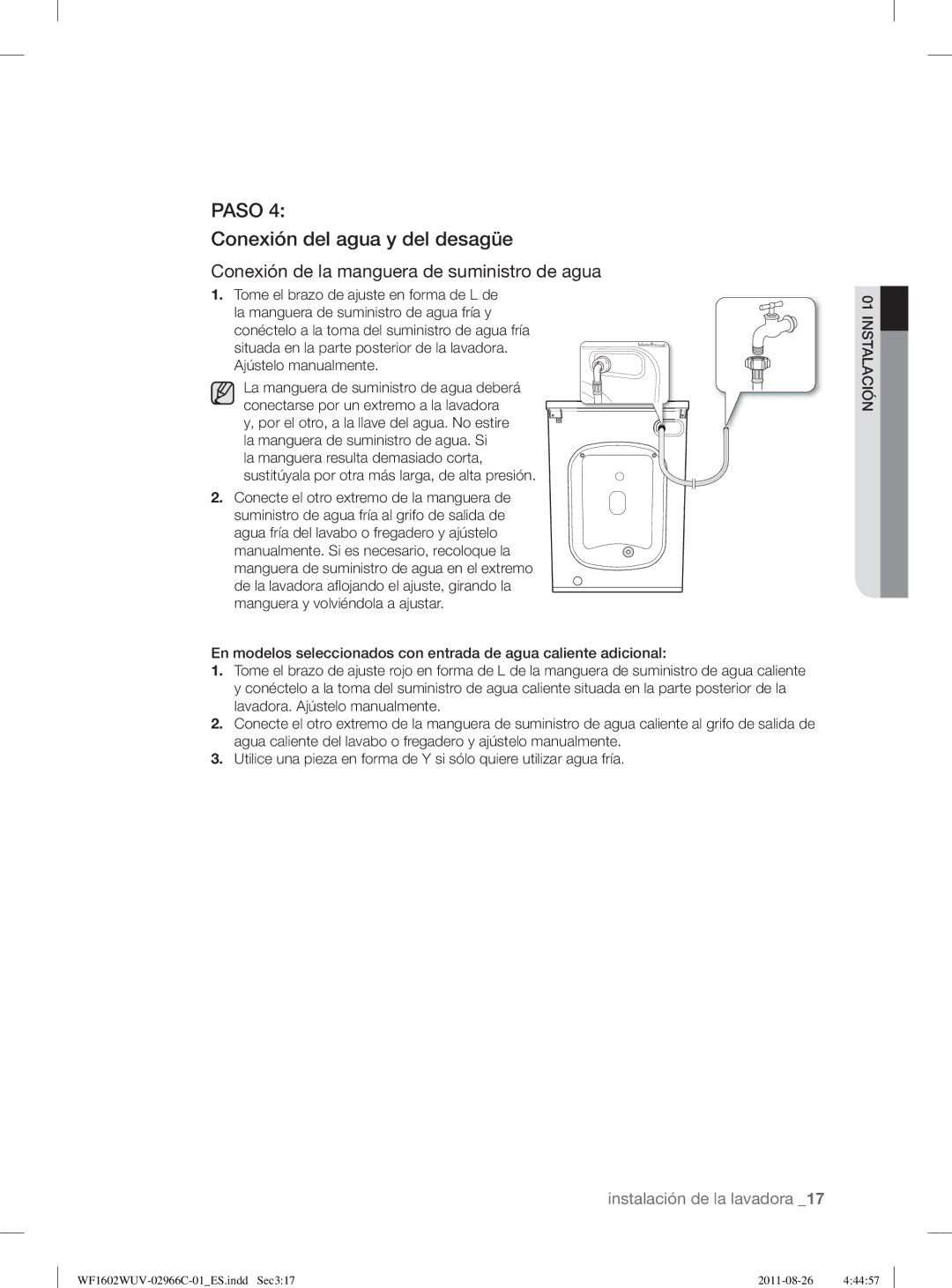 Samsung WF1602WUV/XEP, WF1602WUV/XEC manual Paso, Conexión del agua y del desagüe 